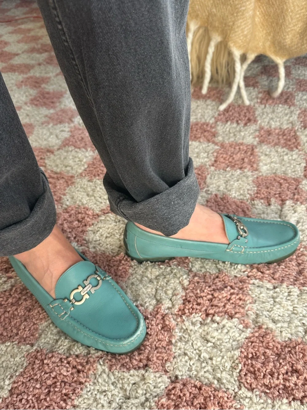 Vintage 2004 Ferragamo Turquoise Women’s Leather Loafers with Silver Bit Detail